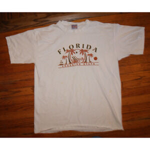 Vintage Florida Sunshine State Palm Tree Puff Print XL White TShirt Stains USA